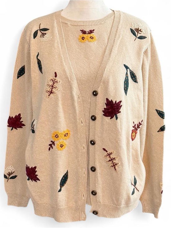 Alfred Dunner Sweaters - Alfred Dunner Fall Leaves Embroidered Cardigan Sweater Twinset Look Beige Size S